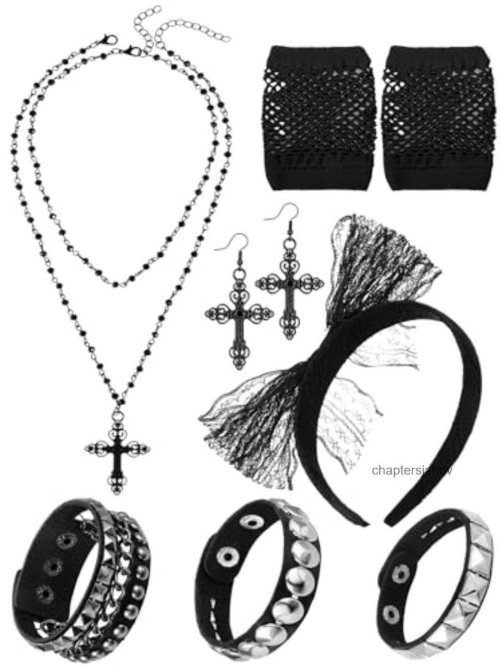 80s Costume Set Leather Punk Bracelets Fishnet Gloves Lace Headband Cross